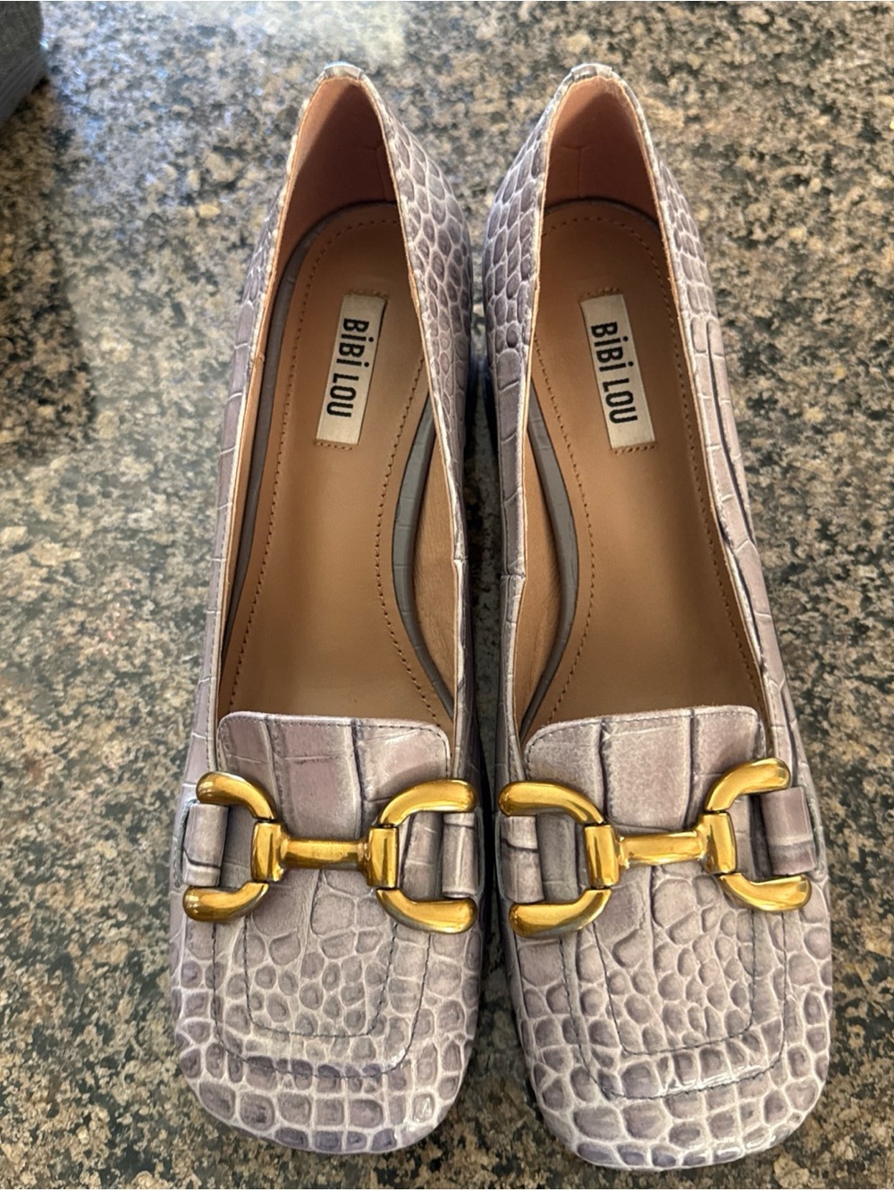 Bibi Lou Anthropologie Gray Horsebit Moc Croc Heels - Picture 3 of 14